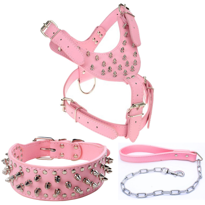 High Quality Real Leather Spiked Dog Collar and Leash Harness Set Leather Dog Leads Training Collar