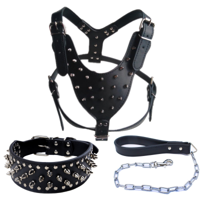 Customize Leather Spiked Dog Collar and Leash Harness Set Leather Pet Collar For Dog