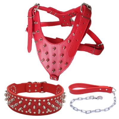 Dog Collar Harness Set Real Leather Spiked  Dog Collar And Leash Set Dog Training Collar